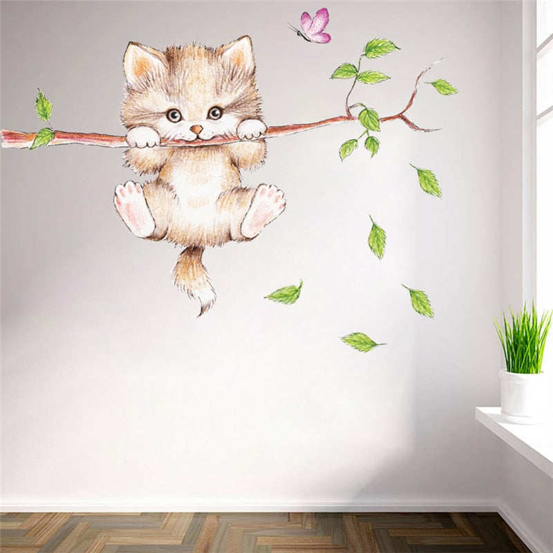 cat butterfly tree branch wall stickers